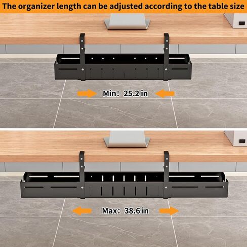 Under Desk Cable Management Tray, Expandable Length 25.2"-38.6",No Drill No Damage to Desk,Cable Tray with Clamp for with Wire Management,for Cord Organizer for Home Office Standing Desk, Black in Saudi Arabia