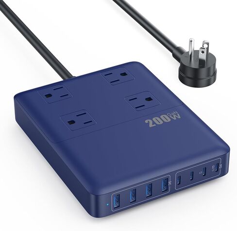 200W Charging Station,12-in-1 USB C Power Strip with Flat Plug and 5ft Extension Cord,4 AC Outlets,4 USB-A,4 USB-C Ports for iPhone 17/16/15,65W PD Fast Laptop Charger for MacBook, Home, Office, Dorm in Saudi Arabia
