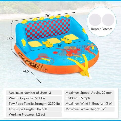3 Person Inflatable Towable Tube for Boating, Water Sport Towable Float with Dual Handles and Comfortable Backrests, Heavy-Duty PVC Construction for Lake River Ocean Use in Saudi Arabia