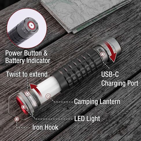 Arrow 2-in-1 Portable Camping Lantern and Flashlight with 3 Modes, USB-C Rechargeable LED Lantern with Battery Indicator and Iron Hook, Lanterns for Power Outages, Camping, Hiking, Emergency in Saudi Arabia