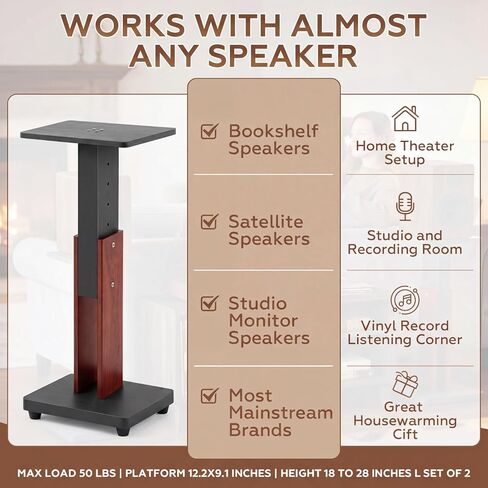 Konohan 2 Pcs Height Adjustable Speaker Stands 18 to 28 Inches Heavy Duty 50 Lbs Wood Vinyl Record Player Stands Pair for Studio Housewarming Home Decoration in Saudi Arabia