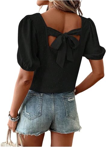 Women's Bow Tie Back Puff Sleeve Tops Summer Swiss Dots Square Neck Dressy Casual Blouses in Saudi Arabia