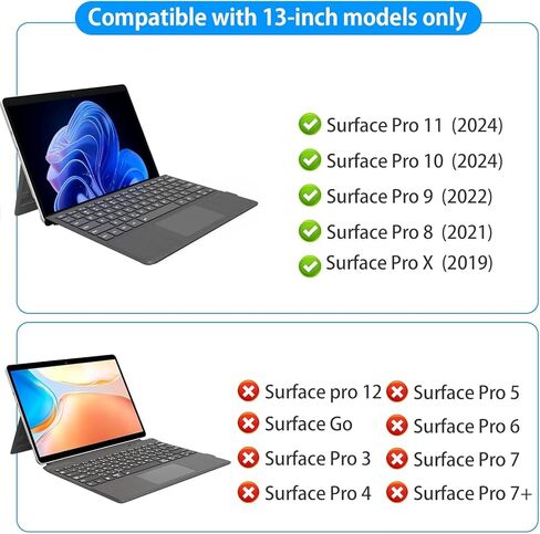 للوحة المفاتيح Microsoft Surface Pro 11/10/9/8/X، لوحة مفاتيح مغناطيسية لاسلكية بلوتوث مع لوحة لمس مقاومة لراحة اليد، بطارية قابلة لإعادة الشحن، إضاءة خلفية 7 ألوان، حامل قلم لجهاز Surface Pro 13 بوصة in Kuwait