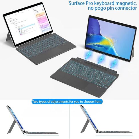 للوحة المفاتيح Microsoft Surface Pro 11/10/9/8/X، لوحة مفاتيح مغناطيسية لاسلكية بلوتوث مع لوحة لمس مقاومة لراحة اليد، بطارية قابلة لإعادة الشحن، إضاءة خلفية 7 ألوان، حامل قلم لجهاز Surface Pro 13 بوصة in Kuwait