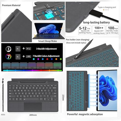 للوحة المفاتيح Microsoft Surface Pro 11/10/9/8/X، لوحة مفاتيح مغناطيسية لاسلكية بلوتوث مع لوحة لمس مقاومة لراحة اليد، بطارية قابلة لإعادة الشحن، إضاءة خلفية 7 ألوان، حامل قلم لجهاز Surface Pro 13 بوصة in Kuwait
