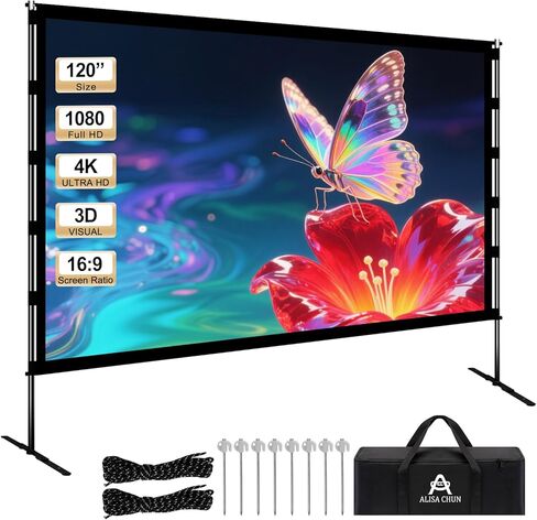 شاشة عرض 120 بوصة، شاشة عرض داخلية وخارجية محمولة مع حامل، شاشة فيلم 16:9 4K HD مضادة للتجاعيد للمسرح المنزلي والسفر والتخييم في الفناء الخلفي in Saudi Arabia