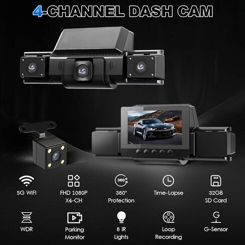 4 Channel Dash Cam 360 View for All-Round Protection, 4-Way Front Rear Inside Recording, Built-in 5G WiFi & GPS, APP Control, 8 IR Night Vision, 24H Parking Monitor, G-Sensor, Free TF Card in Saudi Arabia
