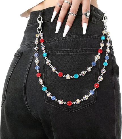Ursumy Rhinestone Hip Hop Pants Chain for Men Women Layered Pearl Pocket Chains for Girls Colorful Keychain Chain in Saudi Arabia