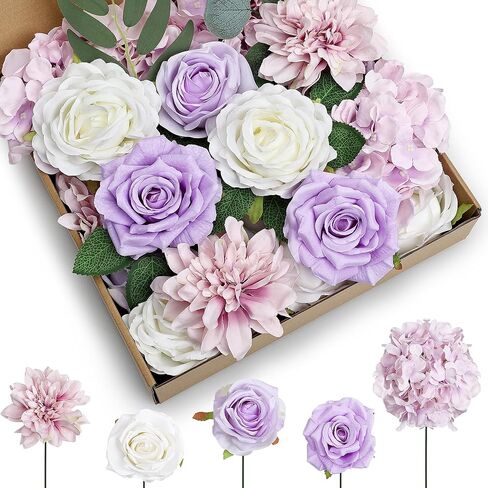 Artificial Flowers Combo Set, Fake Silk Flowers Decor with Stems for DIY Roses Wedding Party Centerpieces Bridal Bouquets Cake Decorations Arrangements Indoor Outdoor(Purple) in Saudi Arabia
