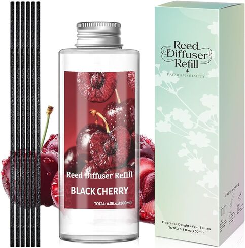 STRN Reed Diffuser Oil Refill, Black Cherry Scented Diffuser Oil Refills with 6 Reed Sticks 200ML(6.8fl.oz), Room Fresheners for Home, Long-Lasting Fragrance for Living Room, Bedroom, Office in Saudi Arabia