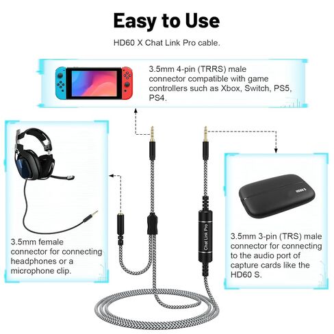 Chat Link Pro Audio Capture Cable Compatible with Elgato HD60, HD60S, HD60S+, HD60X, HD60Pro, 4K60 PRO Capture Card, Chat Adapter Cable for Nintendo Switch, Xbox One, Xbox Series X/S, PS5, PS4, 8.8ft in Saudi Arabia