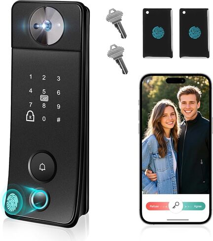 Smart Lock with Camera & Doorbell 6 in 1 Keyless Entry (Fingerprint/APP/Keypad Code/NFC/Temp Code/Key), 0.2s Fast Fingerprint, Voice Control, Auto Lock, Easy Install, 2.4GHz WiFi for Door in Saudi Arabia