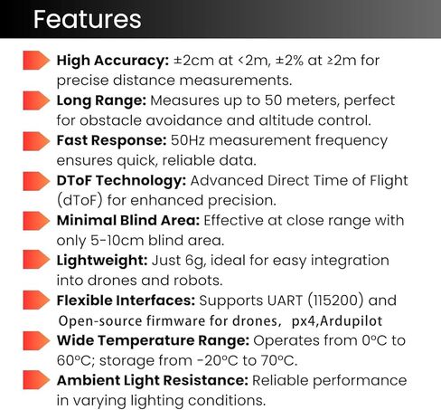 AERO SELFIE Laser Rangefinder Sensor (for Drone Altitude Hold and Obstacle Avoidance, and Robotics) Range: 50 Meters High-Precision dToF Technology Sampling Rate: 50Hz in Saudi Arabia