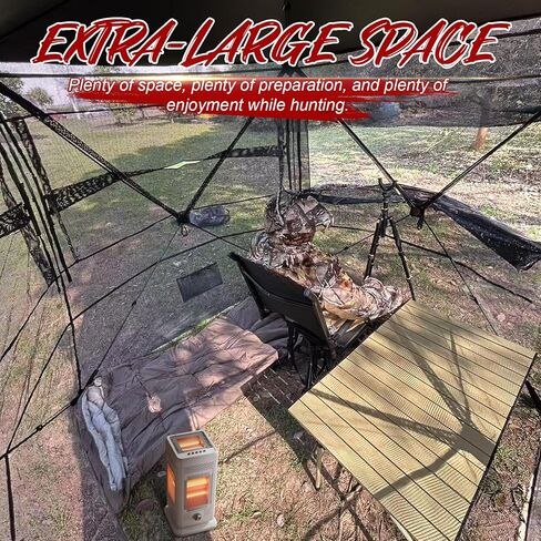 Wide Bottom Hunting Blind 1-3 Person with Portable Chair, 270 Degree See Through Pop up Ground Blinds for Deer Turkey Duck Hunting, Bow Hunting Adjust Windows with Silent Zipper in Saudi Arabia