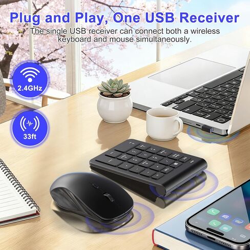 مجموعة ماوس لاسلكية ولوحة أرقام - لوحة مفاتيح USB مكونة من 22 مفتاحًا و3 ماوس صامت قابل للتعديل DPI، مجموعة لوحة مفاتيح رقمية وماوس رفيعة للغاية ومحمولة بتردد 2.4 جيجا هرتز لأجهزة الكمبيوتر المحمول والكمبيوتر الشخصي وسطح المكتب والكمبيوتر المحمول وجهاز اس in Kuwait