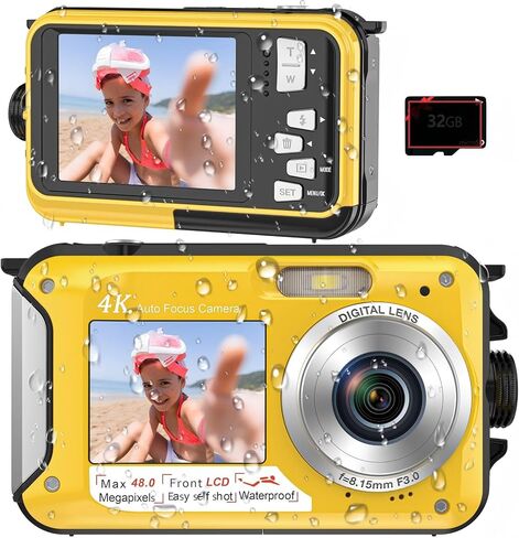 4K Digital Camera 16FT Underwater Camera with 32GB Card 64MP Autofocus Dual-Screen Selfie Waterproof Camera for Snorkeling Compact in Kuwait