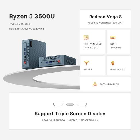 BOSGAME E2 Mini PC, AMD Ryzen 5 3500U (up to 3.7GHz), 16GB DDR4 RAM 512GB NVMe SSD, Desktop Computer 4K Triple Display via Dual HDMI & USB-C, WiFi 5, BT 5.0, Small Form Factor Business Office PC in Saudi Arabia