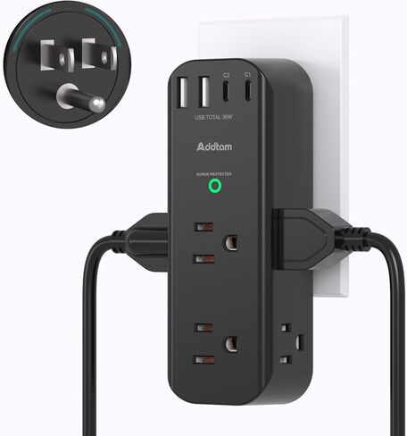 Addtam 30W USB C Outlet Extender Protector، قابس دوار، 6 منافذ تيار متردد، 4 منافذ USB (2 USB-C)، شريط طاقة مثبت على الحائط 1800J، قابس متعدد 3 جوانب للنوم، أساسيات السفر in Kuwait