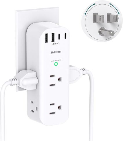 Addtam 30W USB C Outlet Extender Surge Protector, Rotating Plug, 6 AC Outlets Splitter, 4 USB Ports (2 USB-C), 1800J Wall Mount Power Strip, 3-Side Multi Plug for Dorm, Travel Essentials in Saudi Arabia
