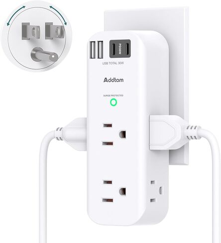 Addtam 30W USB C Outlet Extender Surge Protector, Rotating Plug, 6 AC Outlets Splitter, 4 USB Ports (2 USB-C), 1800J Wall Mount Power Strip, 3-Side Multi Plug for Dorm, Travel Essentials in Saudi Arabia