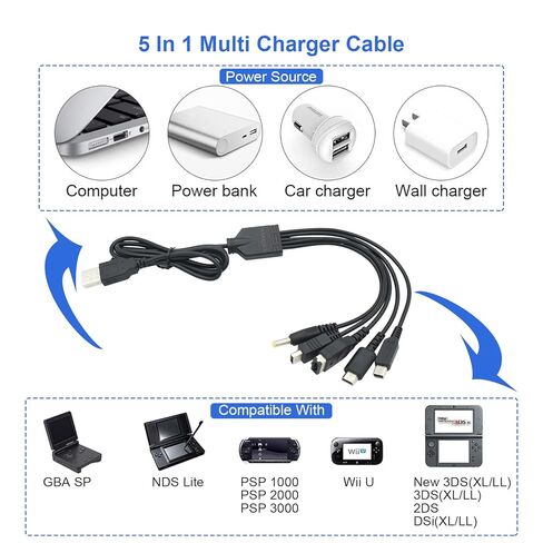 سلك كابل شاحن USB 5 في 1 من CSTESVN متوافق مع نينتندو وي يو، DS Lite، New 3DS XL، New 3DS، 3DS XL، 3DS، New 2DS XL، New 2DS، 2DS XL، 2DS، DSi XL، DSi، Gameboy Advance SP، PSP 1000 2000 3000 in Saudi Arabia