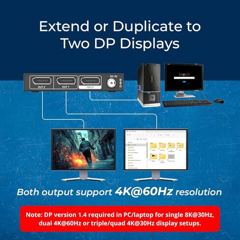 OREI DisplayPort Splitter for Dual Monitors – DP Splitter 1 in 2 Out, DisplayPort to DisplayPort Splitter 8K@30Hz Dual 4K@60Hz, Dual Monitor Splitter MST/SST DisplayPort Switch (DP-102) in Saudi Arabia