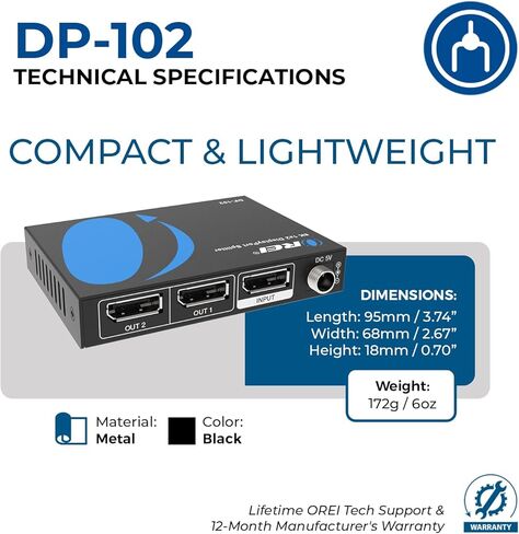 OREI DisplayPort Splitter for Dual Monitors – DP Splitter 1 in 2 Out, DisplayPort to DisplayPort Splitter 8K@30Hz Dual 4K@60Hz, Dual Monitor Splitter MST/SST DisplayPort Switch (DP-102) in Saudi Arabia