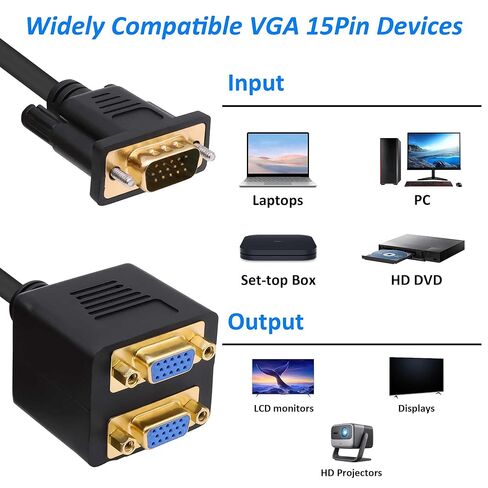 VGA Splitter شاشة مزدوجة 1 ذكر إلى 2 أنثى محول محول VGA فيديو Y سلك كابل D-SUB HD15 دبوس موصل لجهاز الكمبيوتر شاشة التلفزيون العارض - 30 سم / 11.8 بوصة in Kuwait