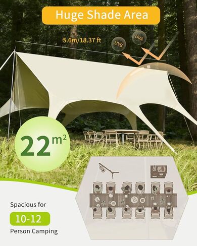 Camping Tarp with Poles, No Rope Tying 2-Step Setup, 11x18FT Waterproof 10-12 Person Tarp Shelter, 22ft² 2.6m Height 210D Oxford Family SUV Park Beach Outdoor Sun Shelter, Beige in Saudi Arabia