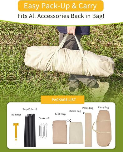 Camping Tarp with Poles, No Rope Tying 2-Step Setup, 11x18FT Waterproof 10-12 Person Tarp Shelter, 22ft² 2.6m Height 210D Oxford Family SUV Park Beach Outdoor Sun Shelter, Beige in Saudi Arabia