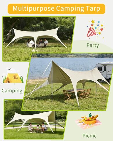 Camping Tarp with Poles, No Rope Tying 2-Step Setup, 11x18FT Waterproof 10-12 Person Tarp Shelter, 22ft² 2.6m Height 210D Oxford Family SUV Park Beach Outdoor Sun Shelter, Beige in Saudi Arabia