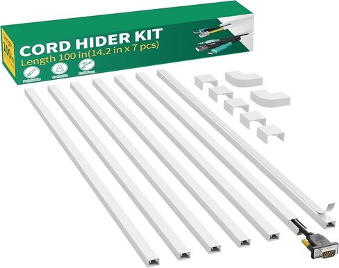 Delamu Cord Hider, 100in Self-Adhesive Cord Cover Kit for Wall Mounted TV, Paintable Wire Hider, Cable Management System, Cable Raceway Conceals 2-3 Wires, W0.95 H0.55in, White in Saudi Arabia