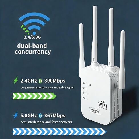 2026 معزز إشارة موسعات WiFi للمنزل، 1200 ميجابت في الثانية ثنائي النطاق 5 جيجا هرتز 2.4 جيجا هرتز إشارة طويلة المدى تصل إلى 10000 قدم مربع و50 جهازًا (4 هوائيات) in Kuwait