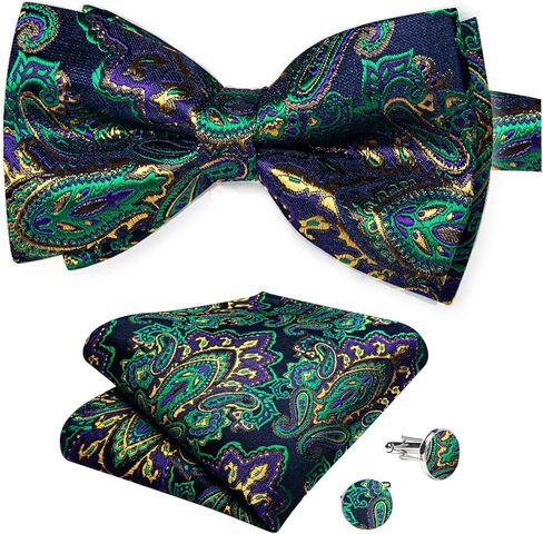 DiBanGu Black Gold Paisley Bow Tie for Men Adjustable Pretied Bow Tie Handkerchief Cufflinks in Kuwait