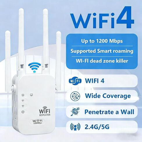 2026 معزز إشارة موسعات WiFi للمنزل، 1200 ميجابت في الثانية ثنائي النطاق 5 جيجا هرتز 2.4 جيجا هرتز إشارة طويلة المدى تصل إلى 10000 قدم مربع و50 جهازًا (4 هوائيات) in Kuwait