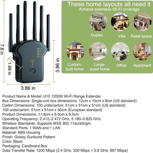 WiFi Repeater WiFi Extender Signal Booster, 9800 sq.ft Long Range Coverage, 6 Antennas, Repeater AP Mode, Ethernet Port, WPA2, Connects 150+ Devices, Black in Saudi Arabia
