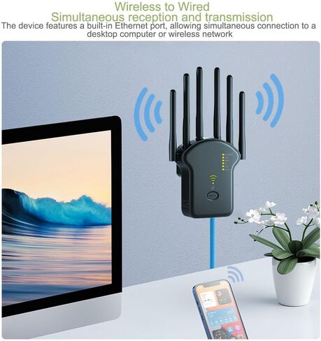 WiFi Repeater WiFi Extender Signal Booster, 9800 sq.ft Long Range Coverage, 6 Antennas, Repeater AP Mode, Ethernet Port, WPA2, Connects 150+ Devices, Black in Saudi Arabia