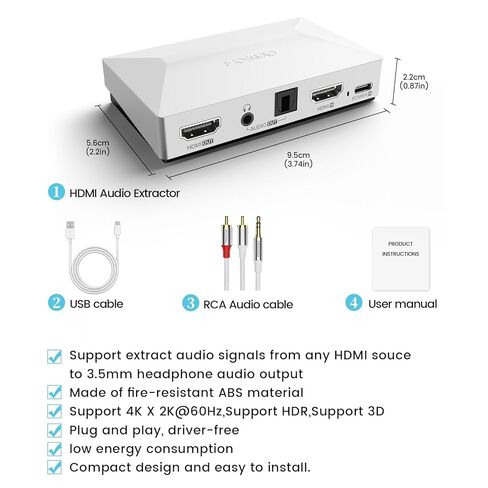 مستخرج صوت MOSWAG HDMI، 4K60 HDMI إلى محول مقسم صوت AUX بصري 3.5 مم، أبيض، متوافق مع PS5، Switch، مشغل Blu-ray، جهاز فك التشفير، Windows، Mac، التلفزيون الذكي، جهاز العرض (بدون ARC) in Saudi Arabia