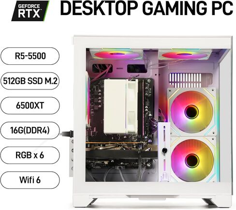 Gaming PC Desktop Computer - Ryzen 5 5500, Radeon RX 6500XT 4GB, 16GB DDR4 RAM, 512GB NVME SSD, Prebuilt Tower for 1080P Gaming, Streaming, School & Home Office (White) in Kuwait