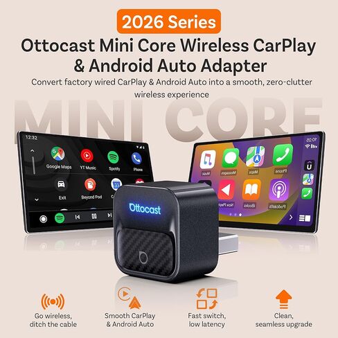 Ottocast Mini Core 2026، محول CarPlay اللاسلكي 2 في 1 ومحول Android Auto - التبديل التلقائي، التوصيل والتشغيل، WiFi 6، إعادة الاتصال السريع، صغير ومستقر in Saudi Arabia