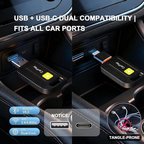 محول CarPlay اللاسلكي لجهاز Apple iPhone يتحول من سلكي لمحول Apple Carplay اللاسلكي اتصال تلقائي، التوصيل والتشغيل، لا يوجد تأخير في الشاشة، متوافق مع iOS 10+ يأتي مع منفذ USB-A/Type-C in Saudi Arabia
