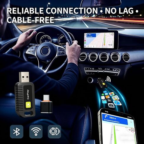 محول CarPlay اللاسلكي لجهاز Apple iPhone يتحول من سلكي لمحول Apple Carplay اللاسلكي اتصال تلقائي، التوصيل والتشغيل، لا يوجد تأخير في الشاشة، متوافق مع iOS 10+ يأتي مع منفذ USB-A/Type-C in Saudi Arabia