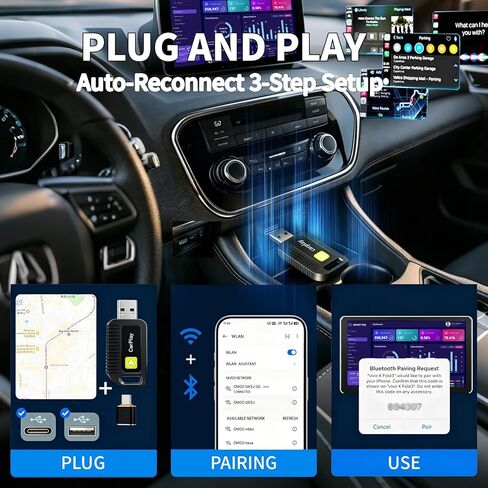 محول CarPlay اللاسلكي لجهاز Apple iPhone يتحول من سلكي لمحول Apple Carplay اللاسلكي اتصال تلقائي، التوصيل والتشغيل، لا يوجد تأخير في الشاشة، متوافق مع iOS 10+ يأتي مع منفذ USB-A/Type-C in Saudi Arabia