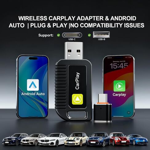 محول CarPlay اللاسلكي لجهاز Apple iPhone يتحول من سلكي لمحول Apple Carplay اللاسلكي اتصال تلقائي، التوصيل والتشغيل، لا يوجد تأخير في الشاشة، متوافق مع iOS 10+ يأتي مع منفذ USB-A/Type-C in Saudi Arabia