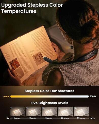 Glocusent Reading Light Set: Hands-Free Neck Light (1200mAh, 5 Colors) + Extendable Clip-on Book Light with Sleep Aid Timer (3 Colors, 5 Brightness) – 2-in-1 for Bed, Travel, Night Reading in Saudi Arabia