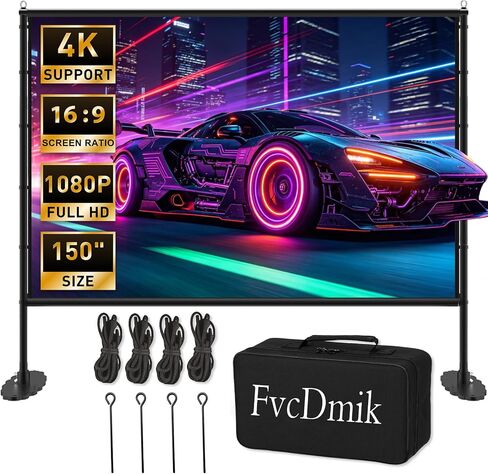 150 inch Projector Screen with Stand, 16:9 4K HD Portable Outdoor Movie Screen, Wrinkle-Free Foldable Indoor Projection Screen with Carry Bag & Ground Nails for Backyard Cinema Home Theater in Saudi Arabia