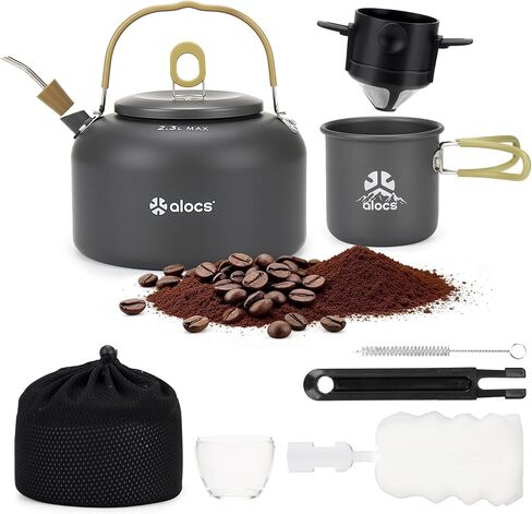 Alocs 2.3L Camping Coffee Pot Outdoor Coffee Maker Set, Hard Anodized Aluminum Camping Kettle with Pour Over Coffee Kit, 12oz Mug & Precision Spout, Portable Backpacking Gear for Campfire & Gas Stove in Saudi Arabia