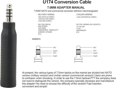 U-174 PTT Adapter Military to Civilian wire jack Transition,Convert NATO to Civilian/Airsoft Use,for Pelte,MSA Sordin Headset in Saudi Arabia