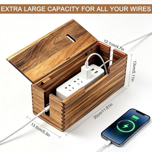 Acacia Wood Cable Management Box - Cord Hider Box for Power Strip, Cable Hider for Desk & Floor TV Wires, Decorative Wire Storage Box for Office, Home Under Desk Cable Storage Box in Saudi Arabia