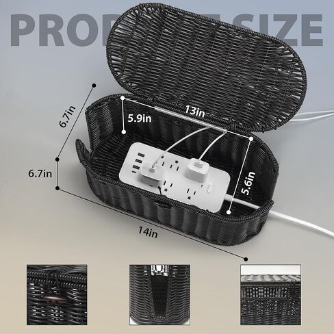 Handwoven Rattan Style Cable Management Box, Cord Organizer with Outlet Covers, Cord Hider Box for Power Strips, Cable Tidy Box for Desk, Floor and Home Organization in Saudi Arabia
